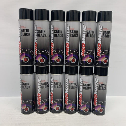 12 X PROMATIC SATIN BLACK AEROSOL SB500 500ML - TRADE SPRAY PAINT